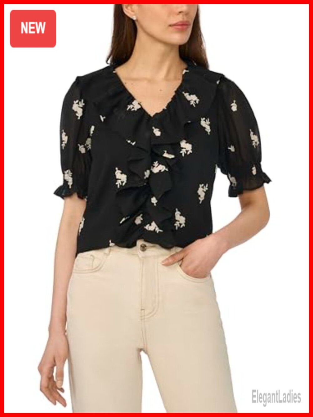 Embroidered Linen Ruffled Short Sleeve Blouse Floral Top